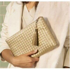 Virginia Wolf Gold Woven Clutch Bag With Tassel Zipper Closure